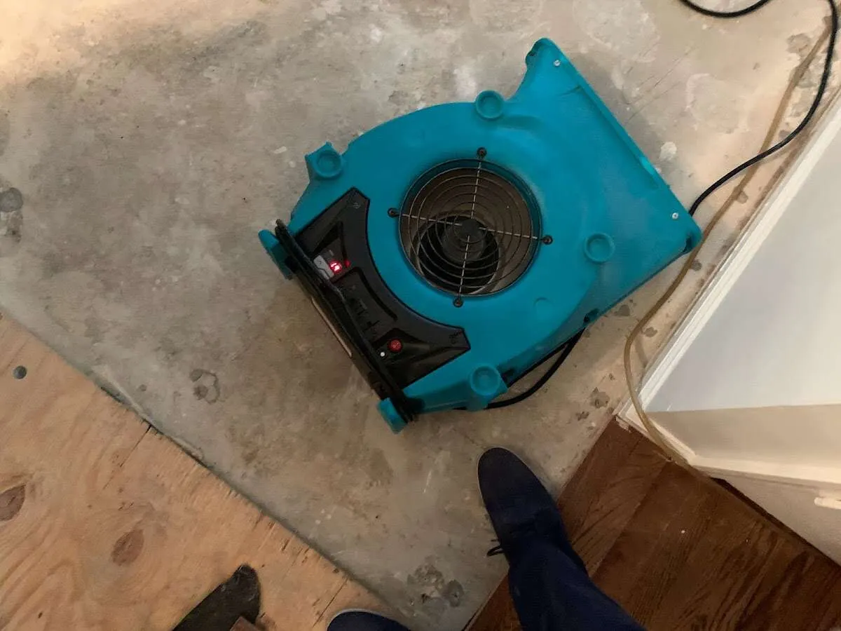 Air mover drying subfloor during Leak Detection & Repair in Upper Providence
